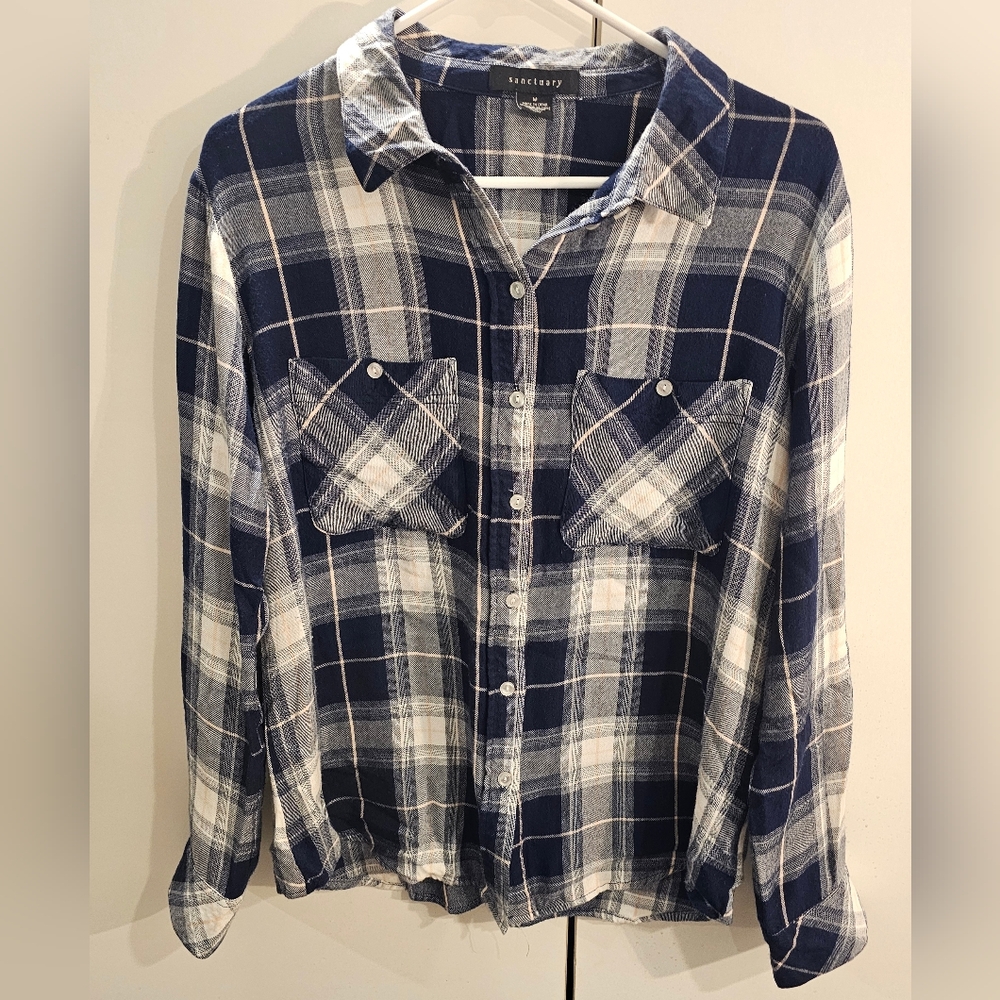 Sanctuary Womans Medium Blue Flannel Button Down Top